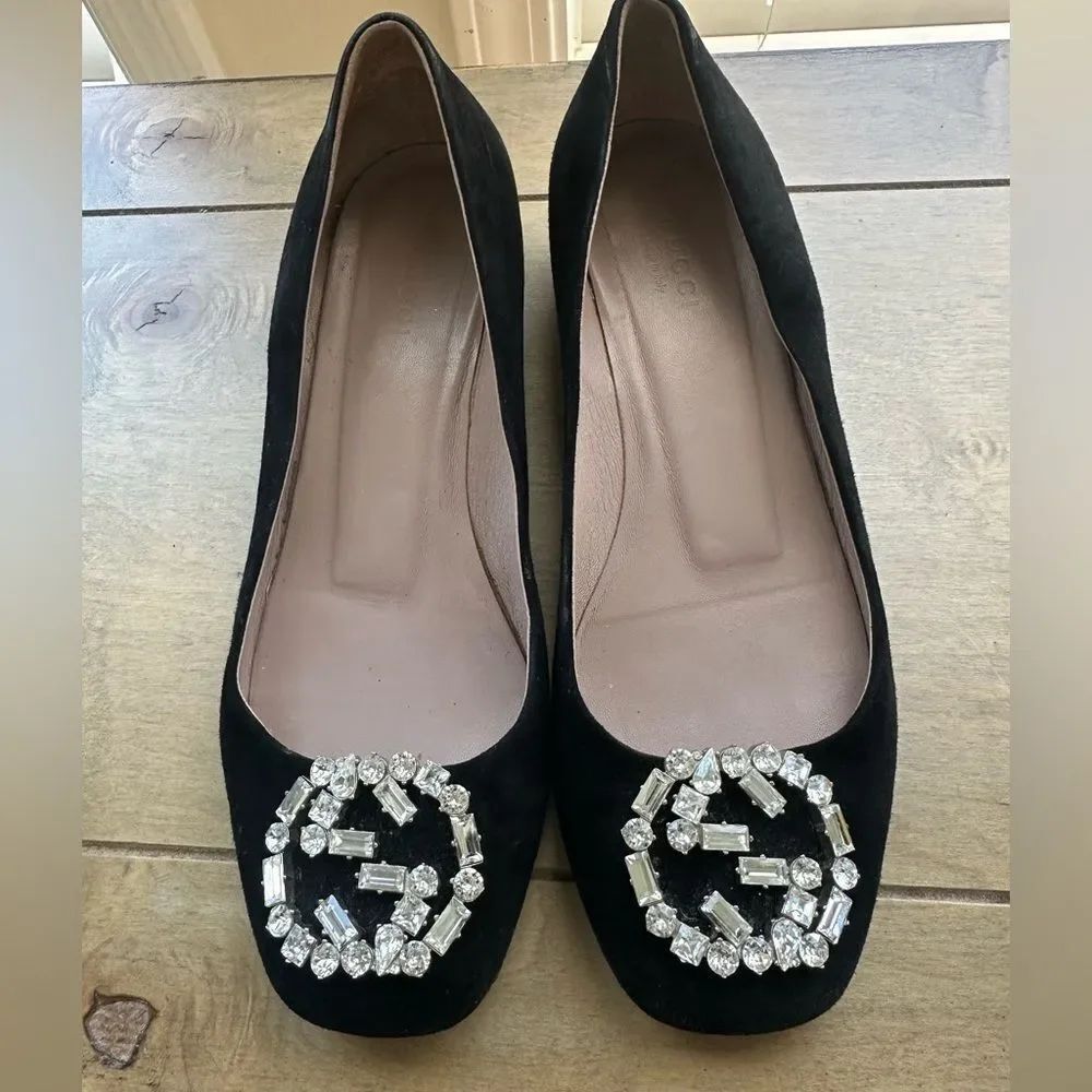 Gucci Black SuedeโCrystal Embellished Interlocking G Pumps 36.5/6.5